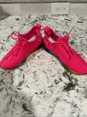 Women’s Hot Pink Knit Athletic Sneakers with Rainbow Sole